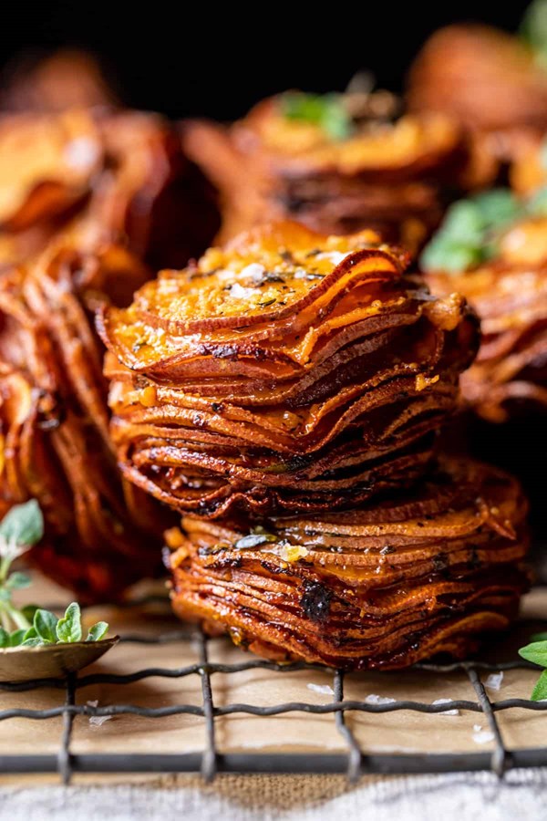 Crispy Parmesan thyme sweet potato stacks
