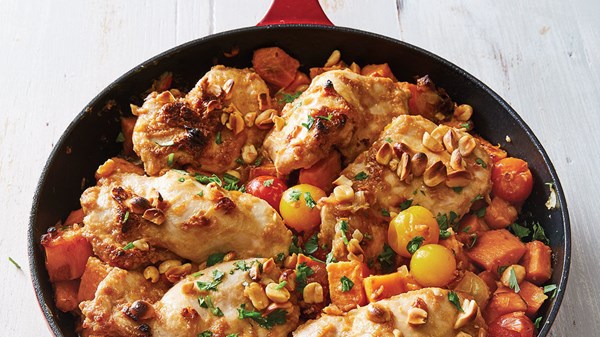 Crispy peanut-chile chicken with sweet potatoes