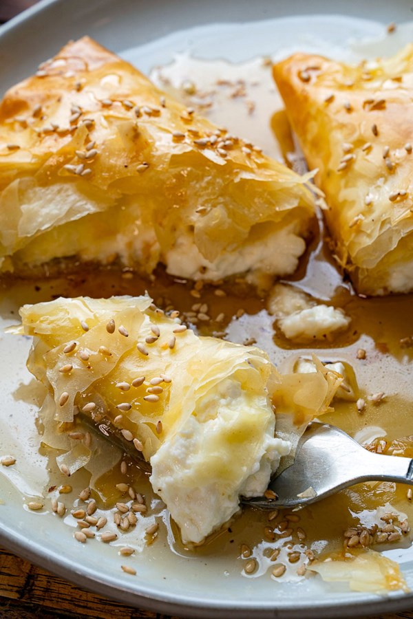 Crispy phyllo wrapped baked feta with honey