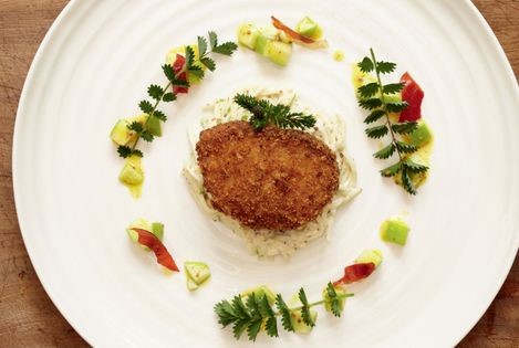 Crispy pig cheek (Crispy pig cheek with celeriac and apple coleslaw, grain mustard and salad burnet)
