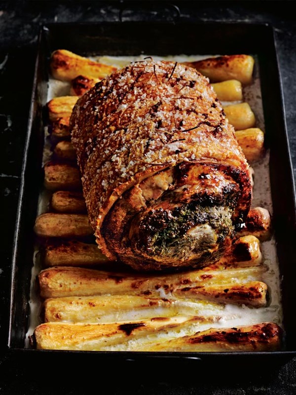 Crispy porchetta with almond milk roasted parsnips
