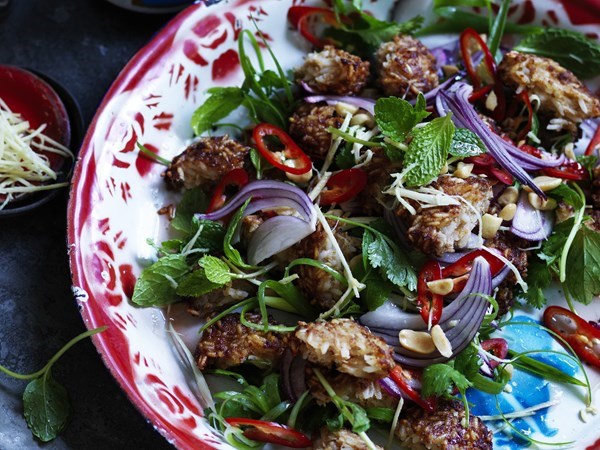 Crispy pork & rice ball salad