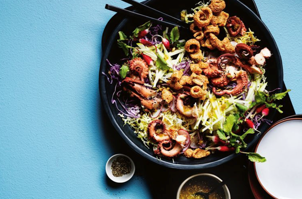 Crispy pork and octopus salad with tomatillo dressing
