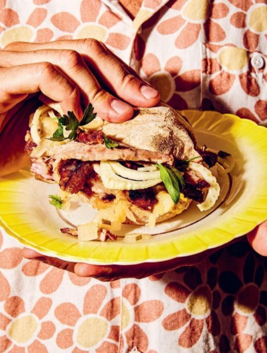 Crispy pork belly and apple sauce sandwich