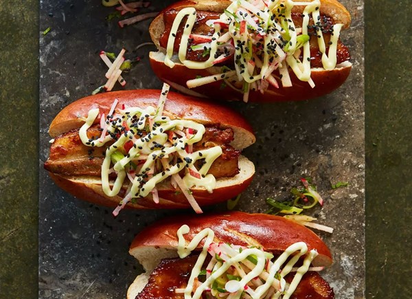 Crispy pork belly 'dogs' with apple slaw
