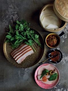 Crispy pork belly pancakes with cucumber kimchi and nuoc cham