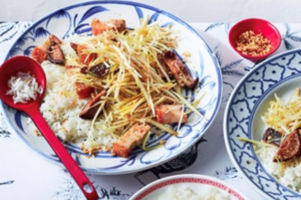 Crispy pork belly stir-fry with white garlic chives and shiitake mushrooms