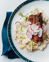 Crispy pork belly with kimchi rice grits and peanuts