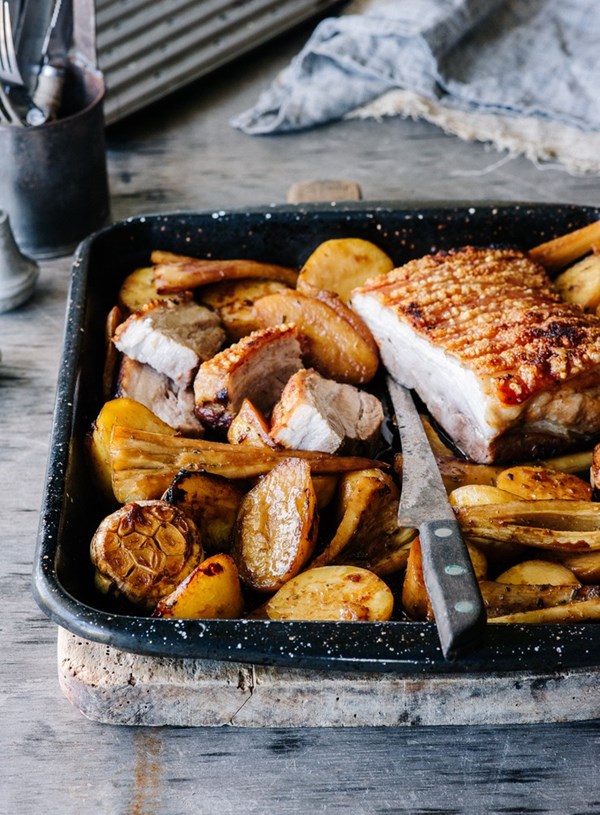 Crispy pork belly with parsnips and potatoes