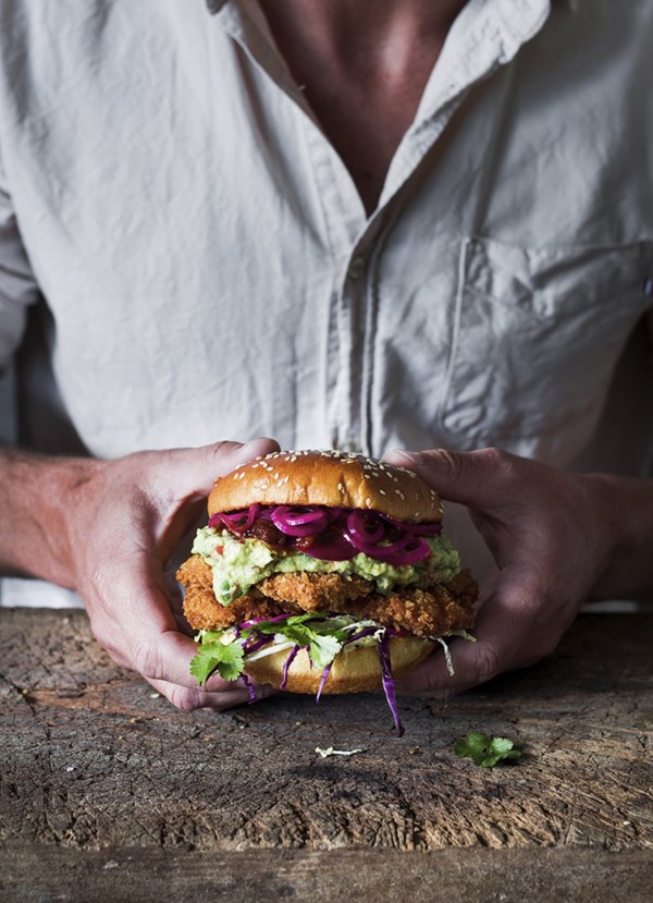 Crispy pork burgers with guacamole and pickled red onions