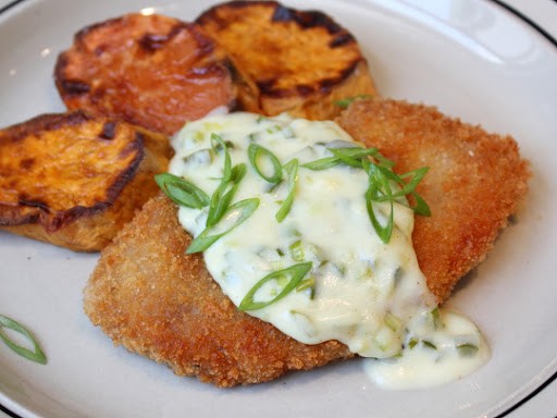 Crispy pork cutlets with creamy jalapeño green onion gravy