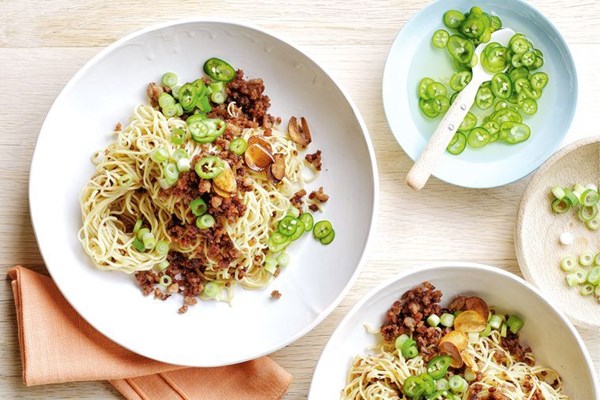 Crispy pork, miso and ginger noodles