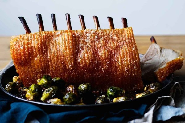 Crispy pork rack with cider sprouts