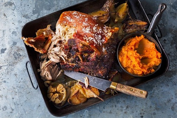 Crispy pork shoulder with sweet potato mash