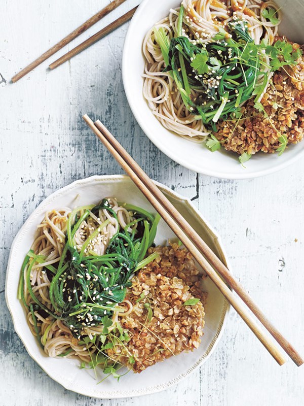Crispy pork with miso ginger soba noodles