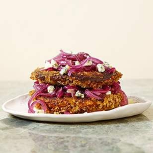 Crispy portobello cutlets with caramelized onions & blue cheese