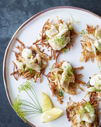 Crispy potato-and-sauerkraut cakes with smoked trout