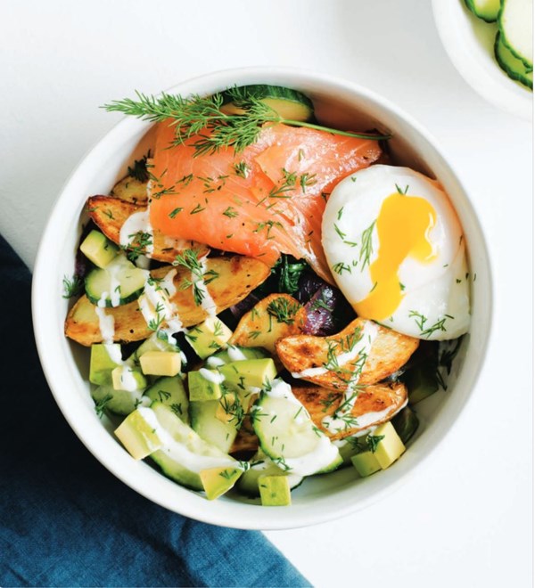 Crispy potato and smoked salmon power bowls