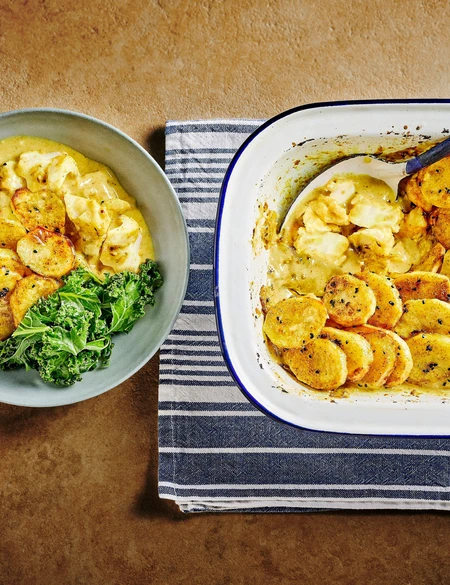 Crispy potato curried fish pie