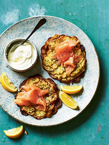 Crispy potato galettes with rosemary and garlic, and smoked salmon