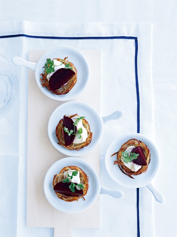 Crispy potato pancakes with beetroot and horseradish cream