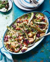 Crispy potatoes, baked feta and baby green veg