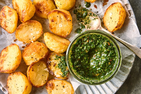 Crispy potatoes with garlic mustard pesto