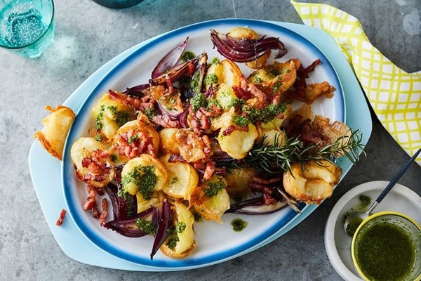 Crispy potatoes with salsa verde and fried rosemary