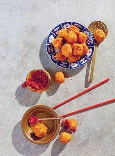 Crispy prawn balls with fermented chilli dip