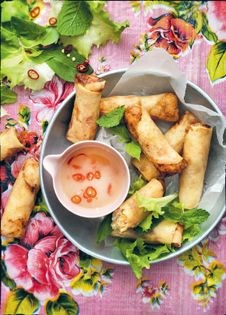 Crispy prawn spring rolls with mint & lettuce wraps