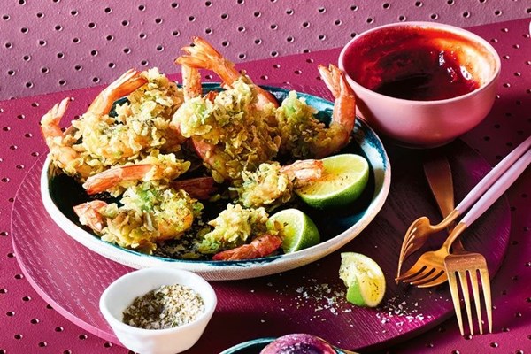 Crispy prawns with savoury plum sauce