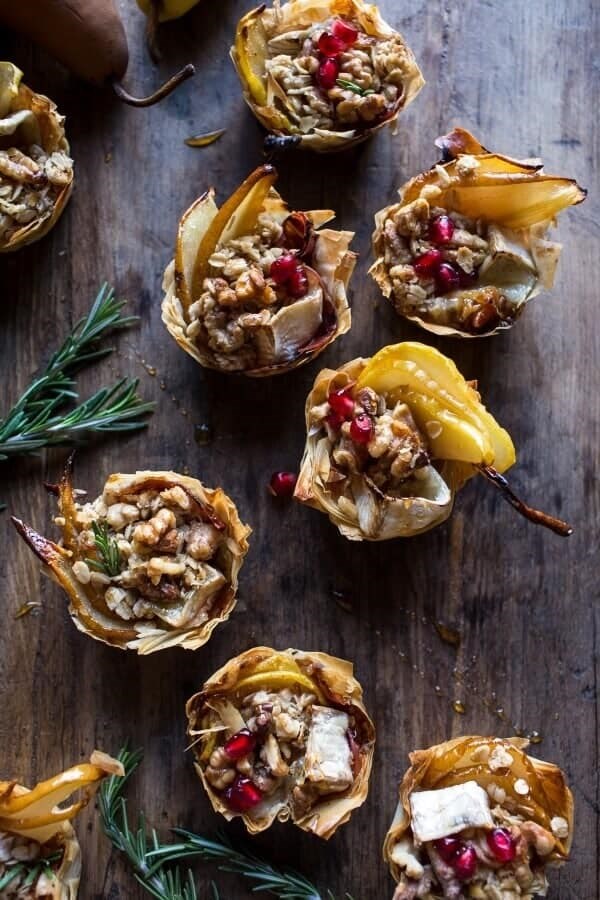 Crispy prosciutto baked Brie bites with honey pears + walnuts