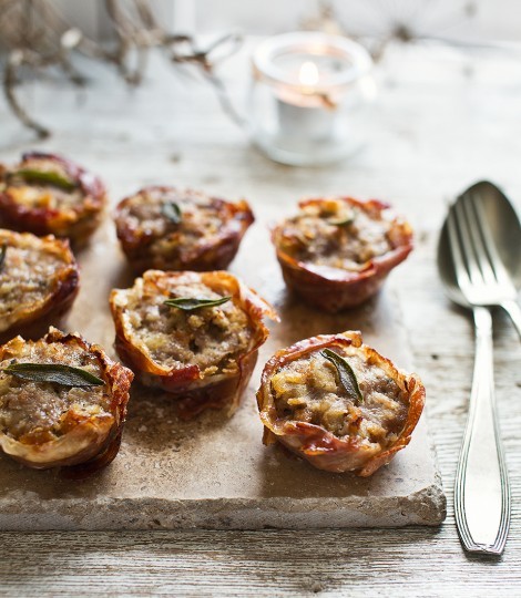 Crispy prosciutto cups with sausage and sage stuffing