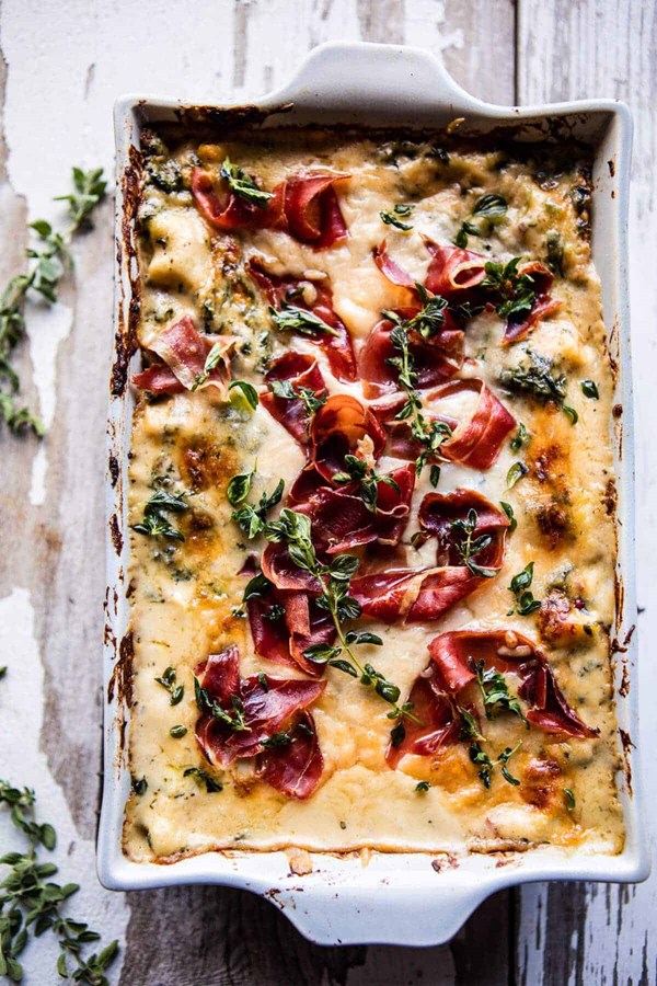 Crispy prosciutto white lasagna