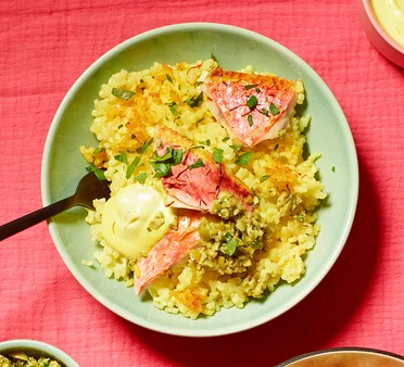 Crispy red mullet rice with saffron aioli & lemon olive salsa