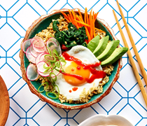 Crispy rice bowls with fried eggs