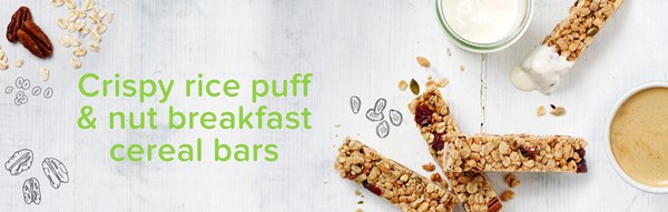 Crispy rice puff and nut cereal breakfast bars