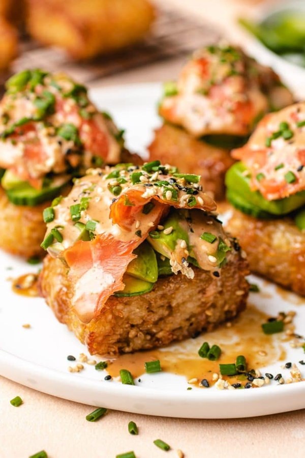 Crispy rice sushi with smoked salmon avocado