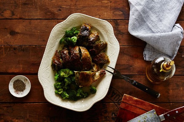 Crispy roast chicken (stuffed under the skin with basil-garlic purée)