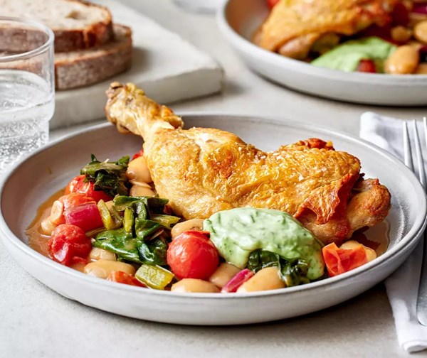 Crispy roast chicken with tomatoey butter beans