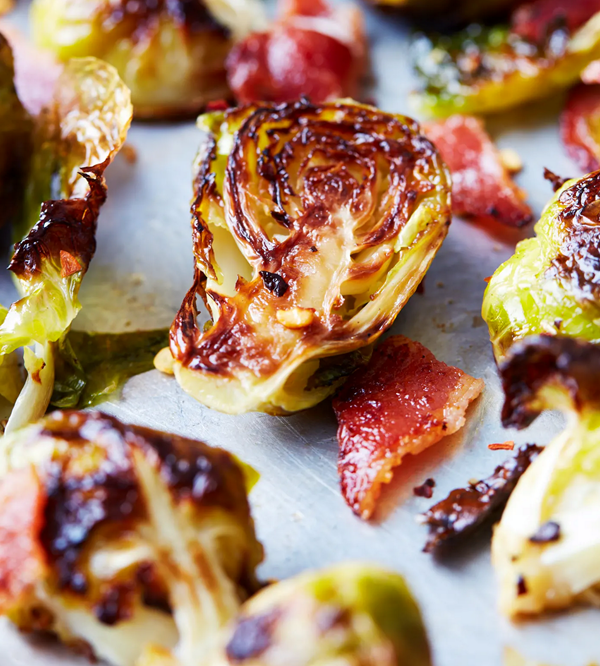 Crispy roasted Brussels sprouts with bacon