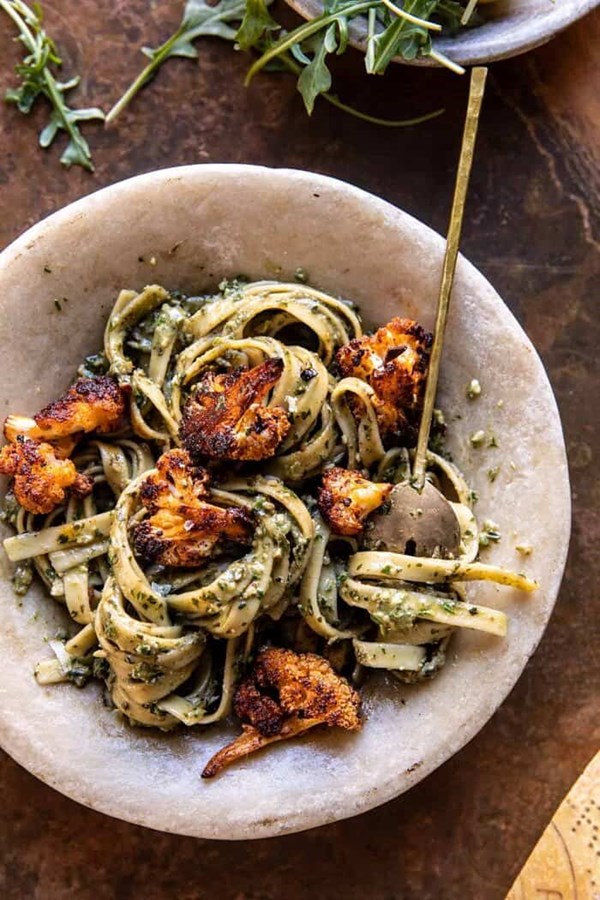 Crispy roasted cauliflower with creamy pesto pasta