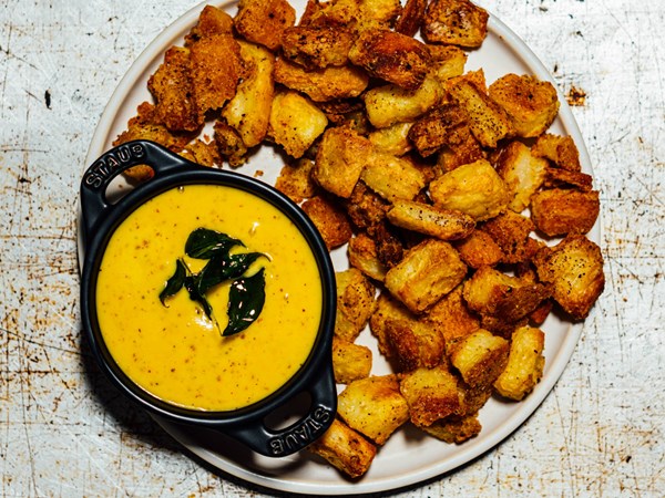 Crispy roasted potatoes with curry leaf and mustard oil mayonnaise