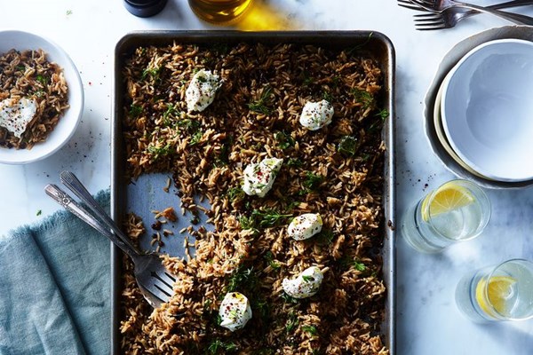 Crispy roasted shallot and lentil sheet pan mujadara