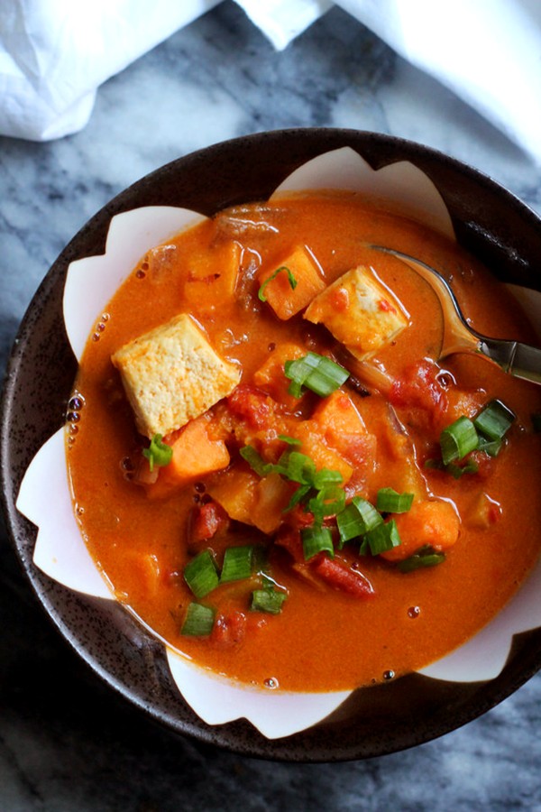 Crispy roasted tofu and curried peanut soup