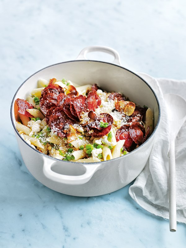 Crispy salami, crushed pea and ricotta pasta