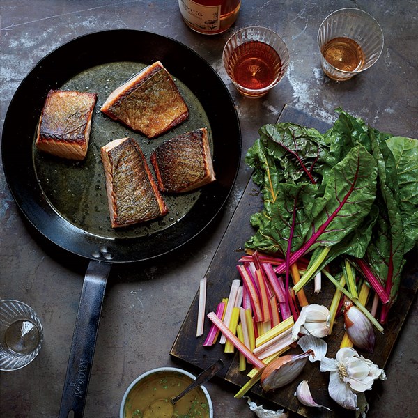 Crispy salmon and wilted chard