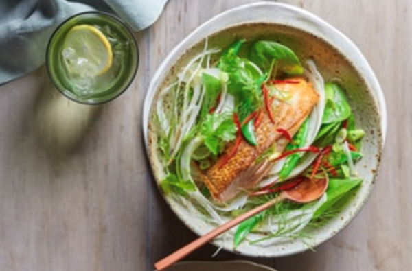 Crispy salmon salad with pickled shallot and yuzu dressing