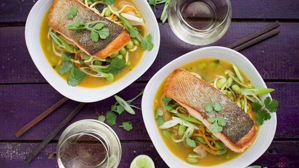 Crispy salmon with ginger miso broth