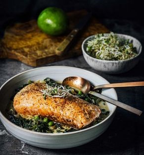 Crispy salmon with green curry spinach